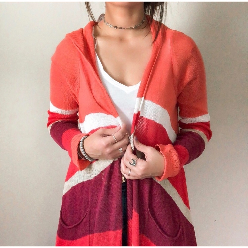 Tommy Bahama Striped Hooded Cardigan Linen Cotton Open Front Orange Red Medium